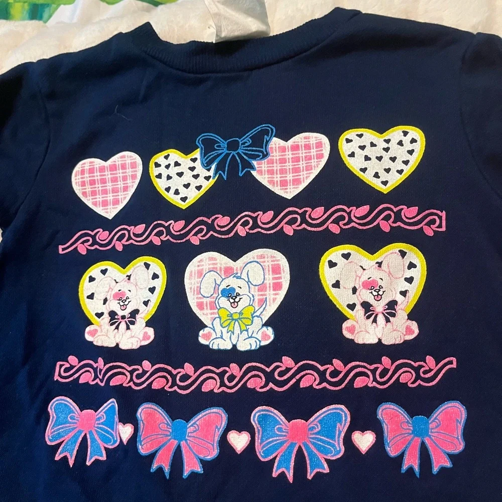 Vintage 80s Wee Works 3T Navy Blue Neon Puppy Heart Graphic Print Fall Tee